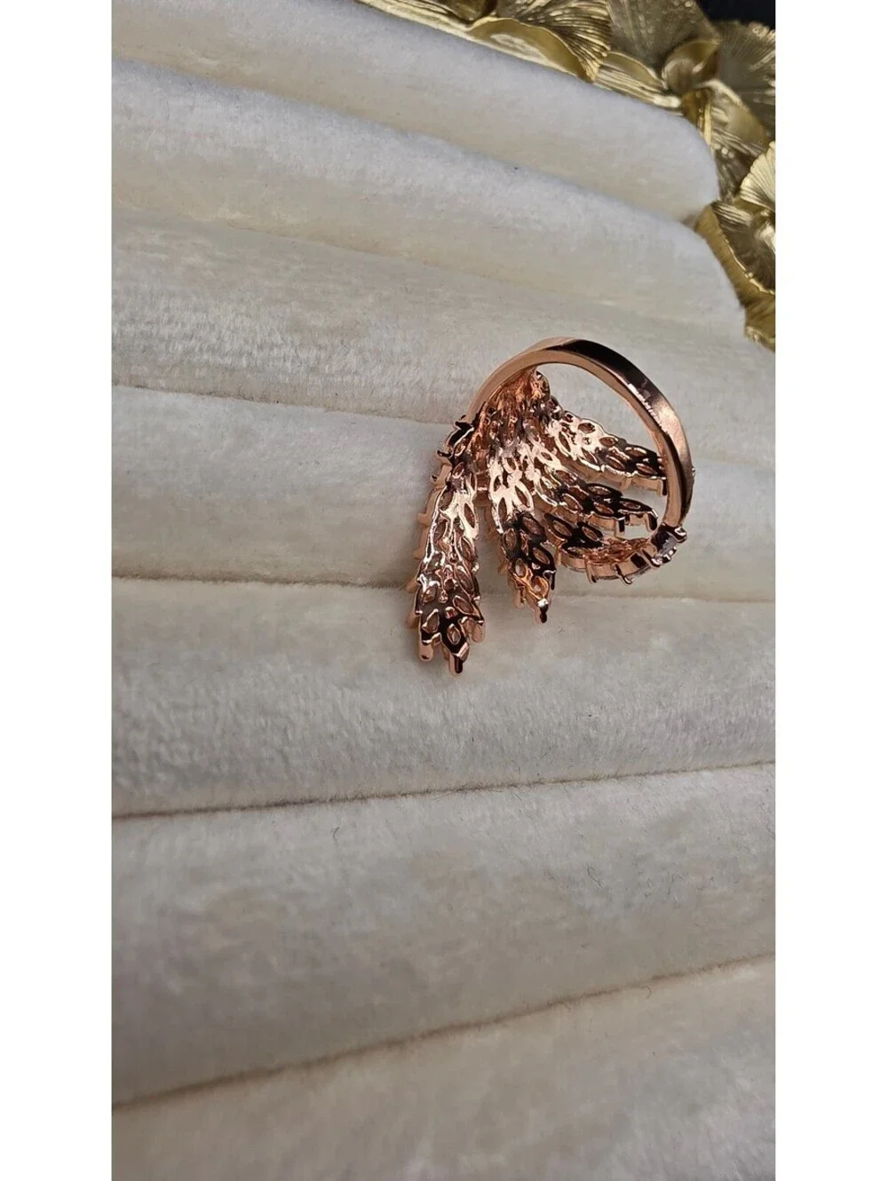 Adjustable 18K Gold Plated Wheat Spike Ring with Zirconia Stones